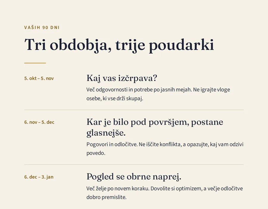 Izrez iz Suzaninega vpogleda: Vaših 90 dni – tri obdobja in njihovi poudarki.