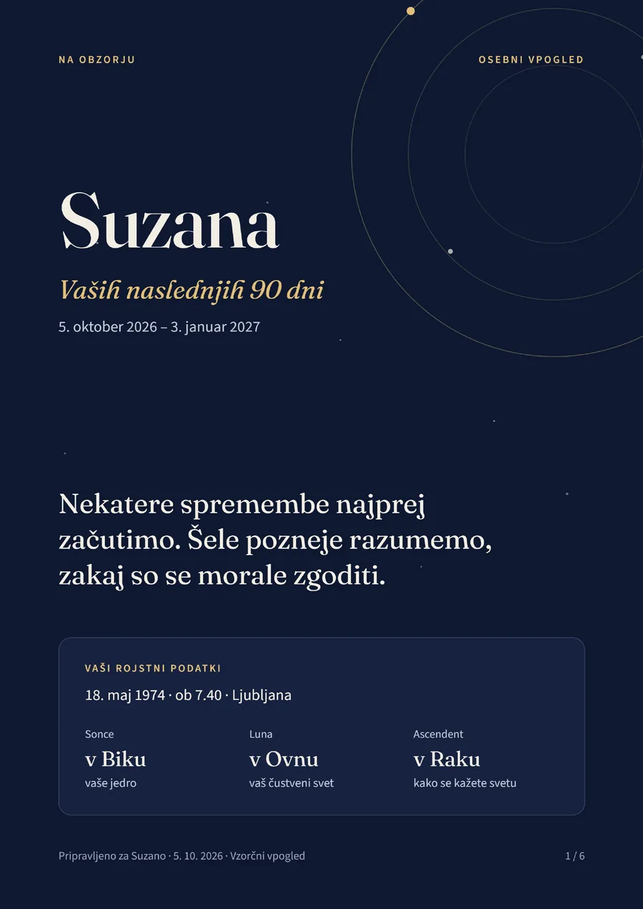 Naslovnica vzorčnega vpogleda za Suzano: Vaših naslednjih 90 dni, 5. oktober 2026 – 3. januar 2027, z rojstnimi podatki in položaji Sonca, Lune in Ascendenta.
